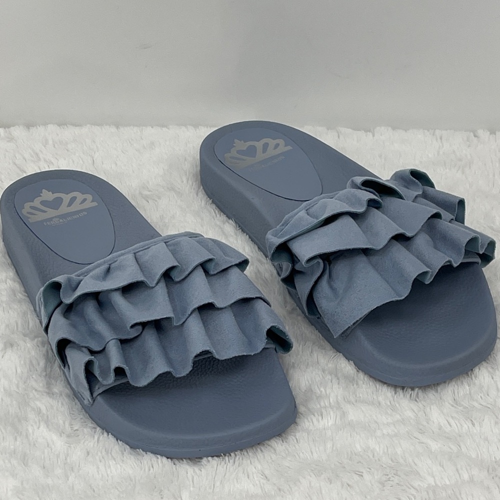 Fergalicious By FERGIE Blue Ruffle Slide Sandals WOMENS SIZE 10